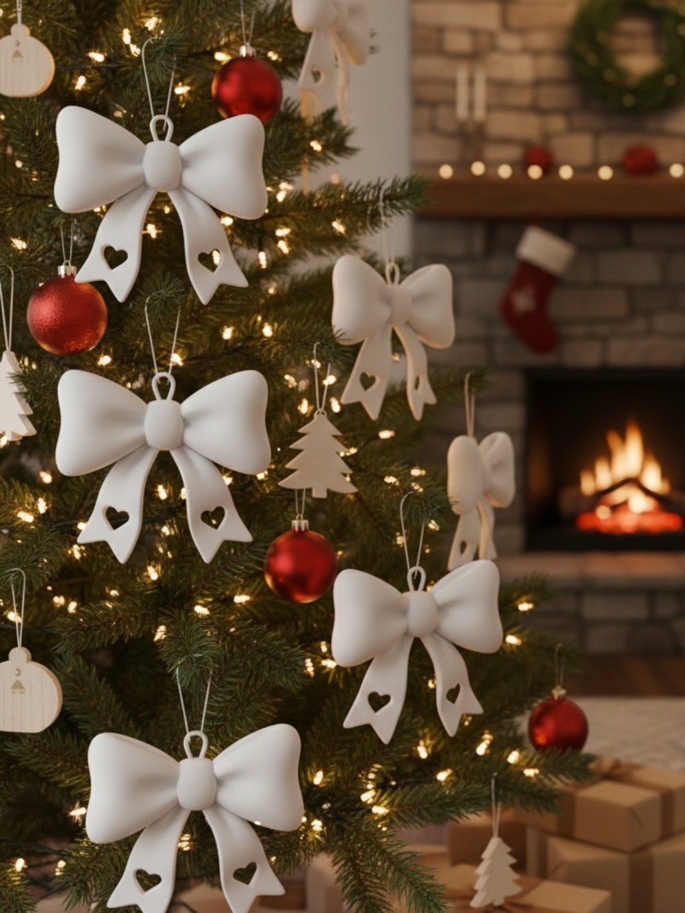 White Holiday Bow Ornaments - Elegant Christmas Tree Decorations